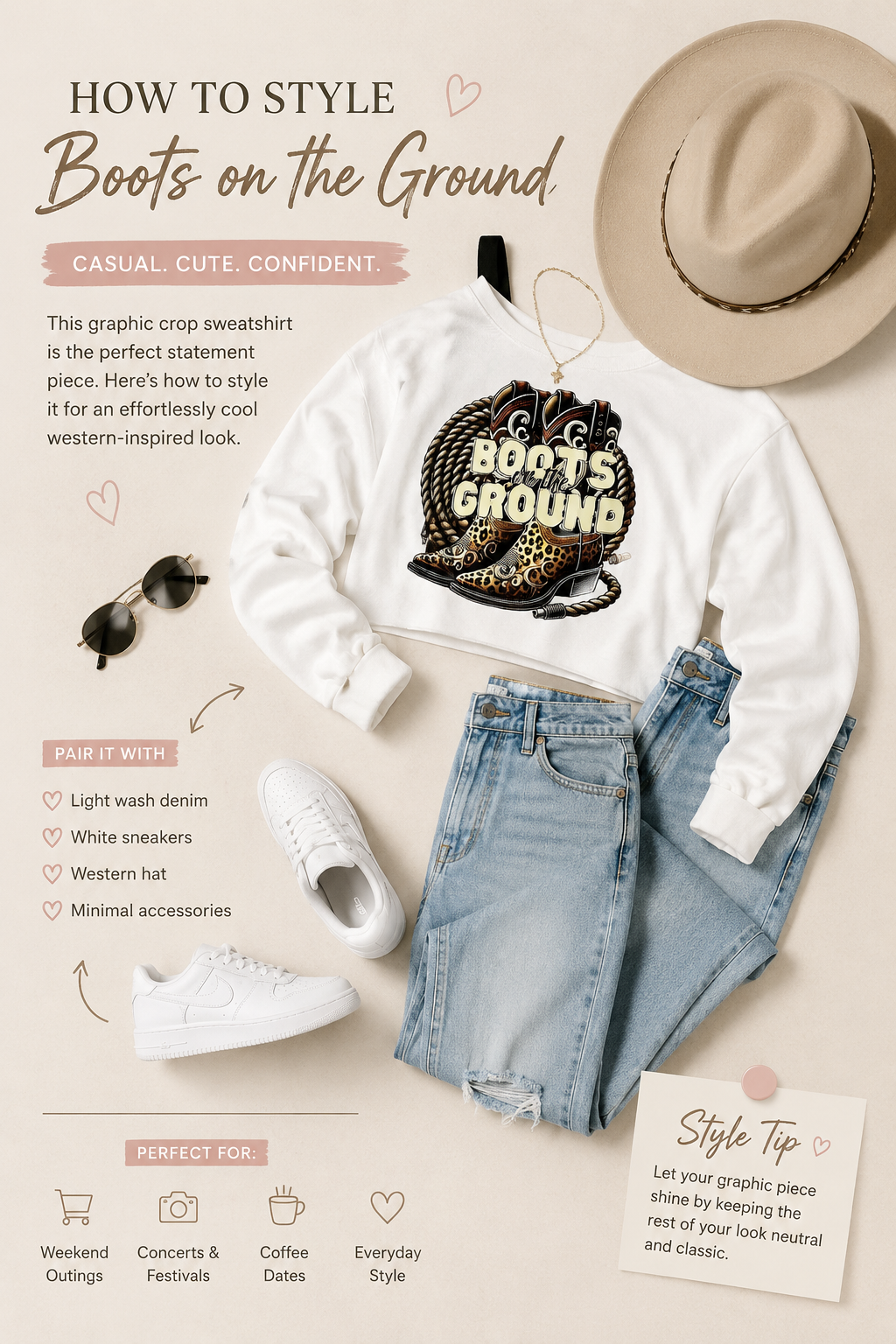 Western Boots Graphic Off-Shoulder Crop Pullover